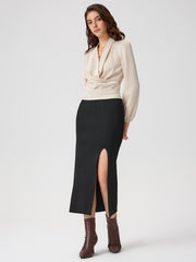 Satin V-neck Wrap Zip Long Sleeve Blouse