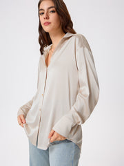 Satin Collar Solid Button Long Sleeve Shirt