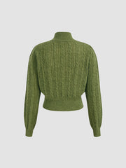 Wool-blend Cable Knit High Neck Solid Long Sleeve Top