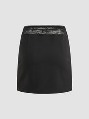 Woven Mid Rise Bowknot Lace Trim Mini Skirt