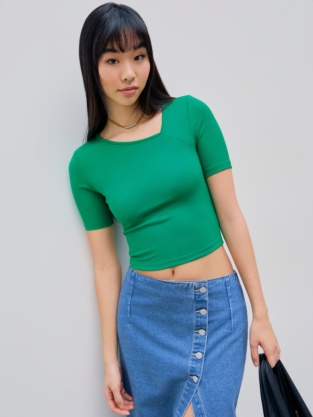 Asymmetrical Neck Solid Short Sleeve Knitted Tee