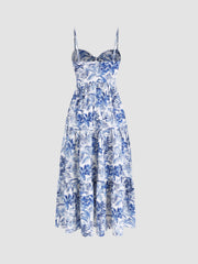 V-neck Landscape Painting Cut Out Knotted Cami Midi Dress