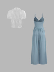 Lace See-through Top & V Neck Wide Leg Jumpsuit