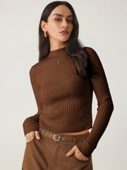 Rib Knit Stand Neck Solid Long Sleeve Top