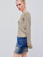 Asymmetrical Neck Star Knitted Long Sleeve Top