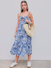 V-neck Landscape Painting Cut Out Knotted Cami Midi Dress