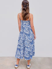 V-neck Landscape Painting Cut Out Knotted Cami Midi Dress