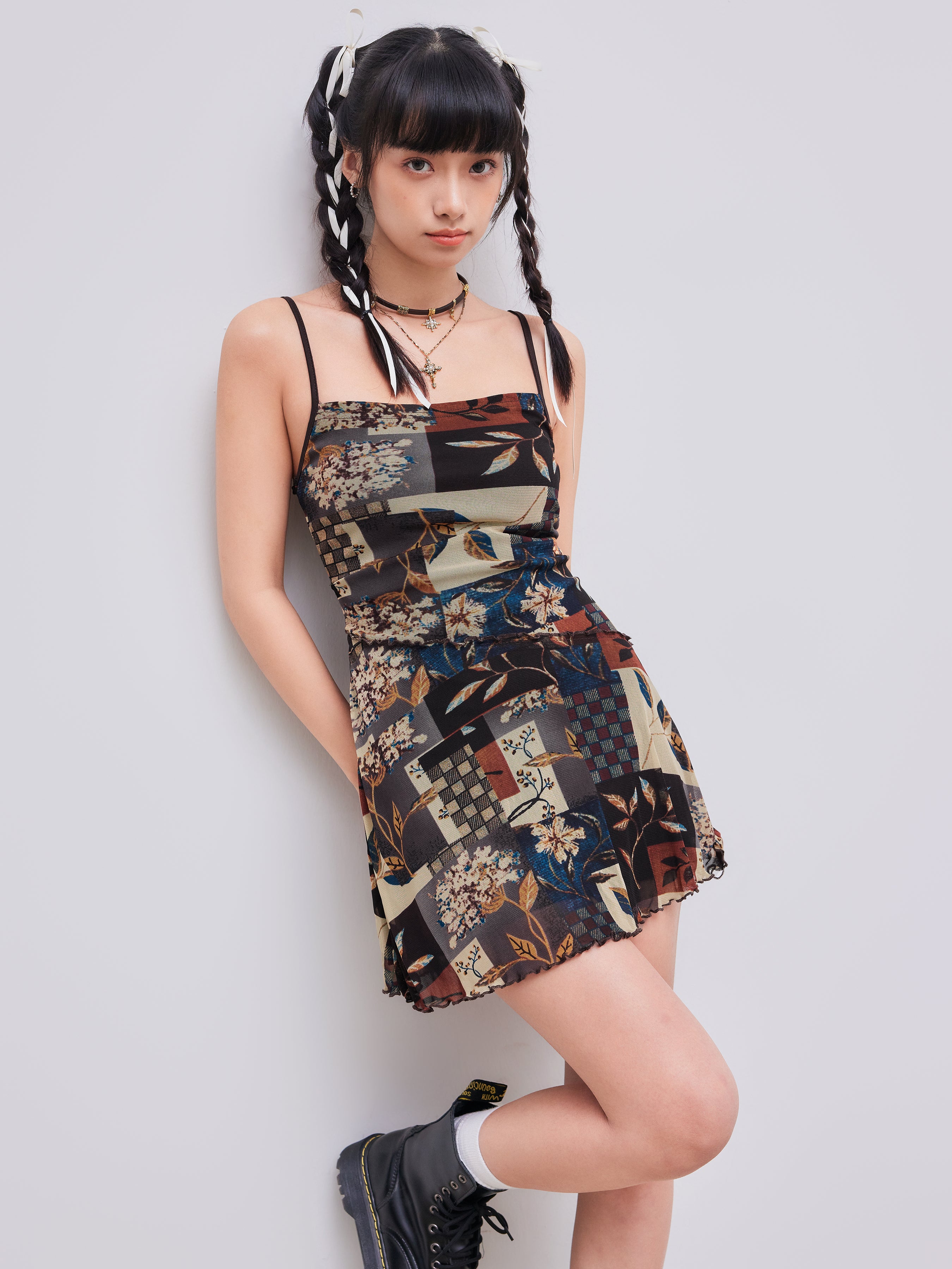 Floral & Leaf Print Mini Dress