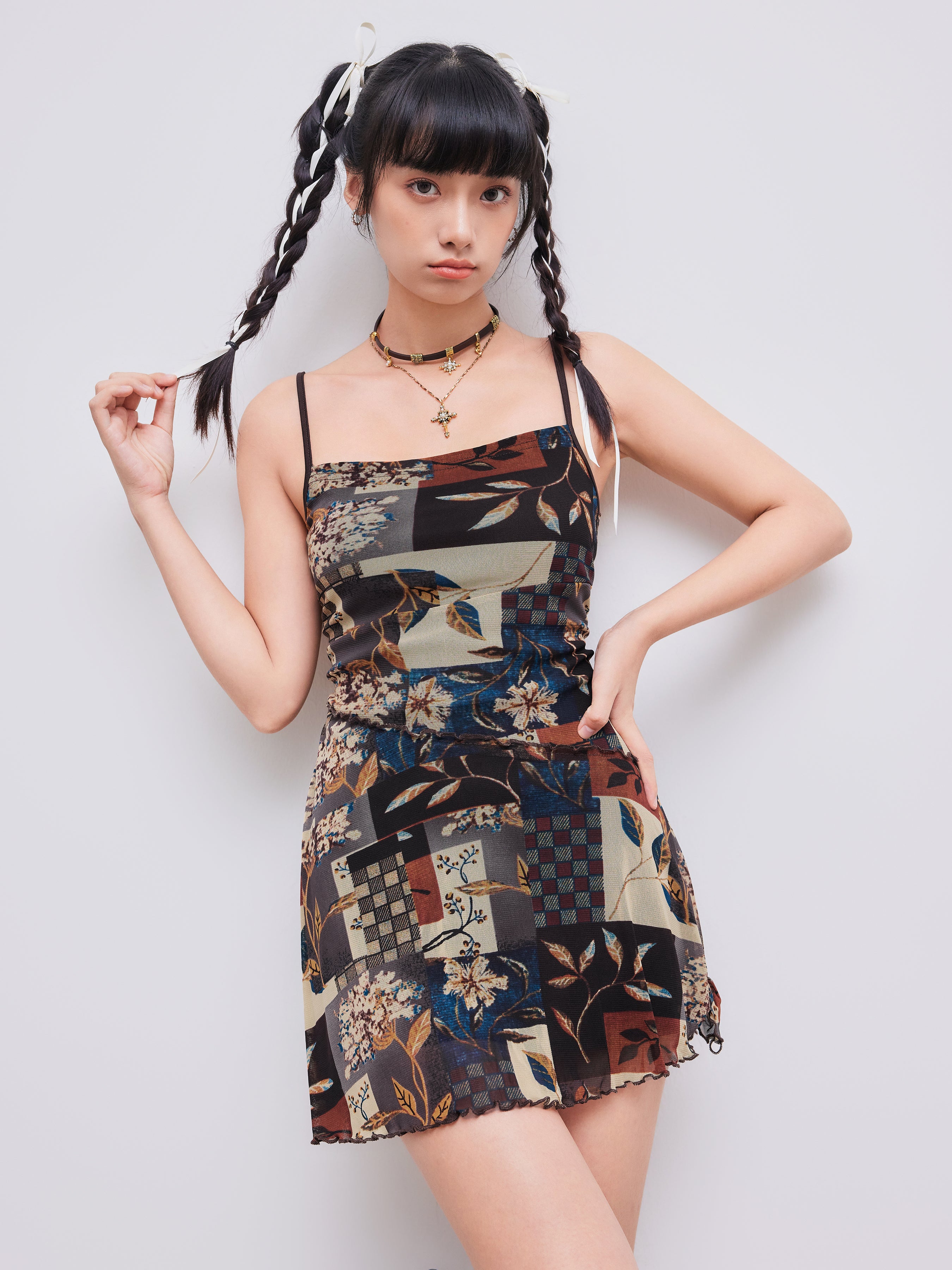 Floral & Leaf Print Mini Dress