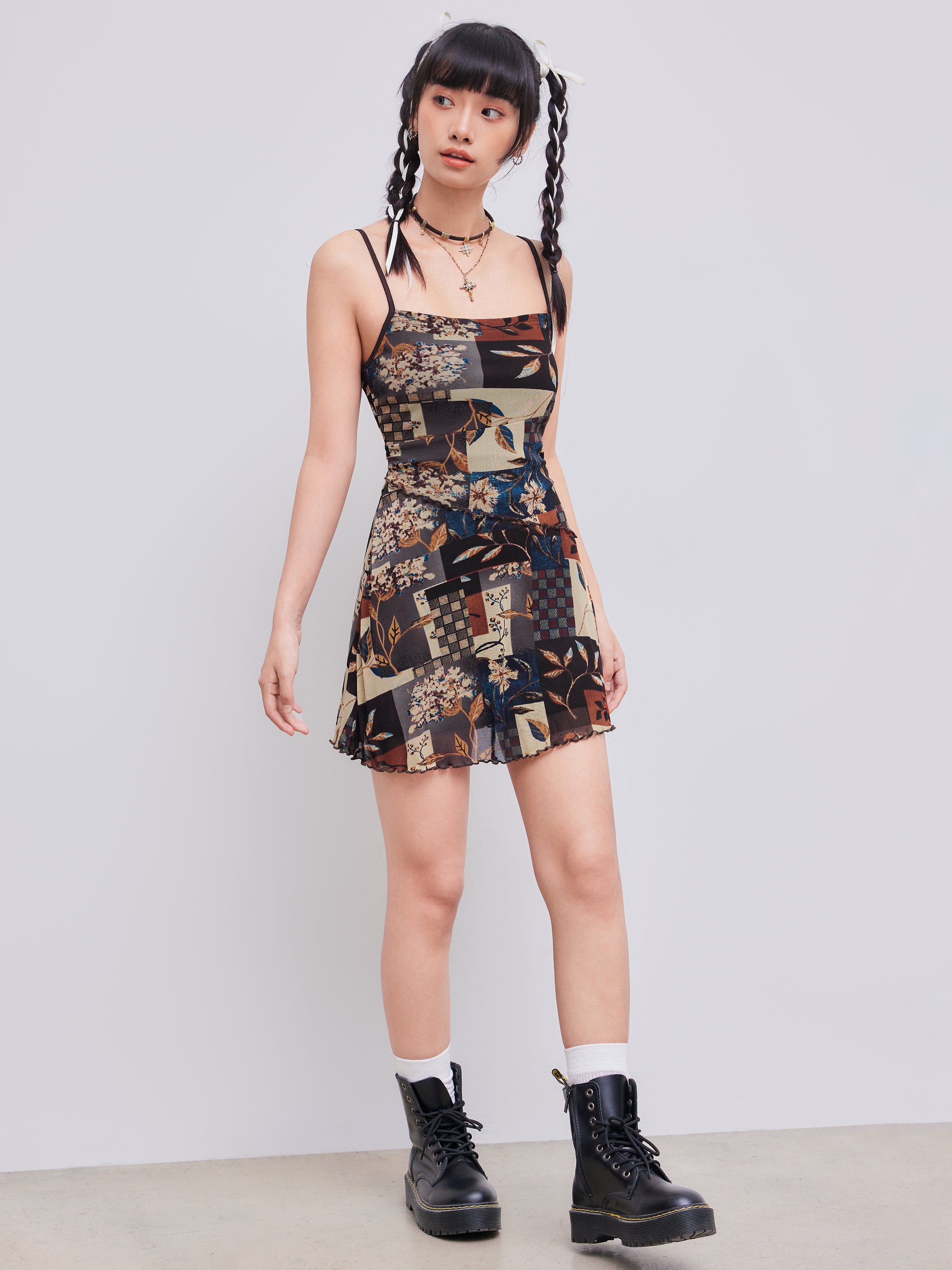 Floral & Leaf Print Mini Dress