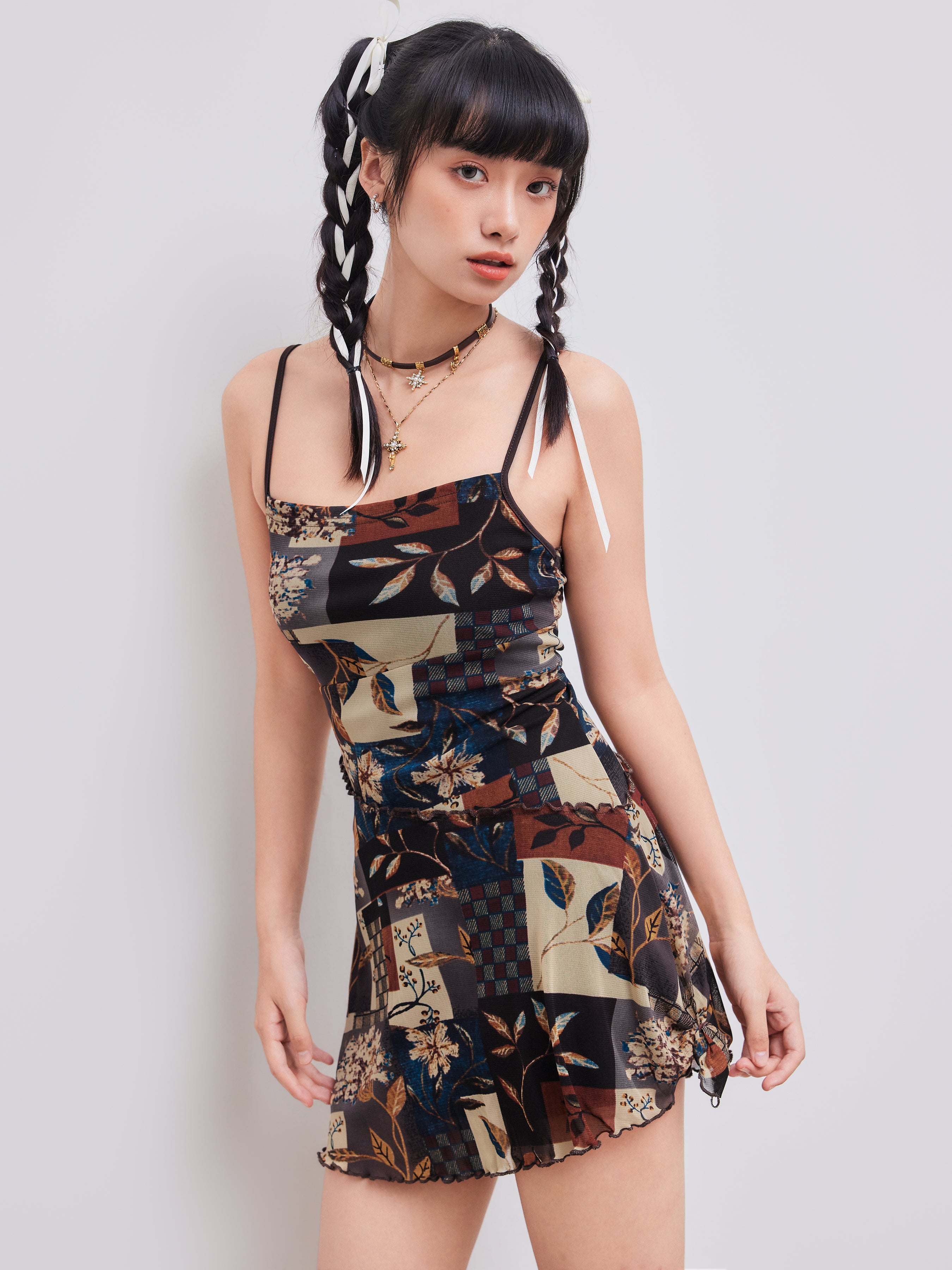 Floral & Leaf Print Mini Dress