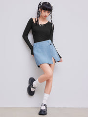 Denim Mid Waist Split Mini Skort