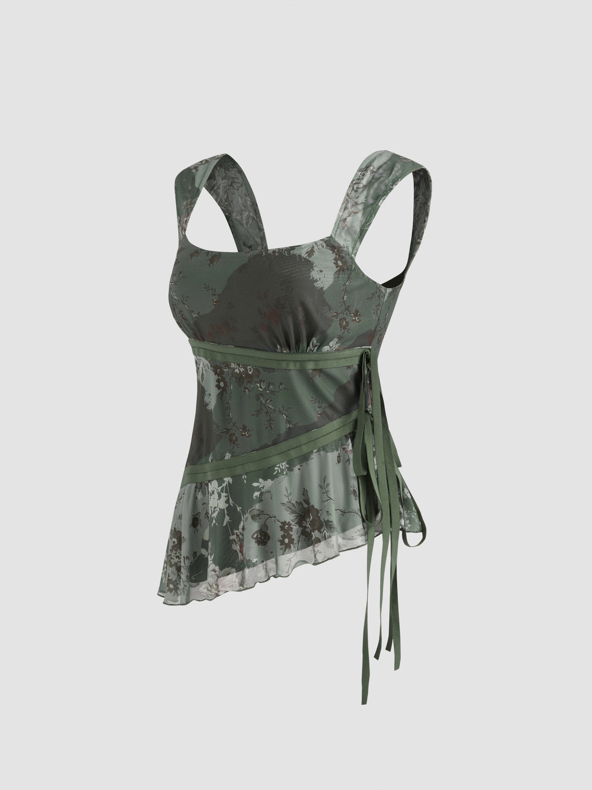 Mesh U-neckline Floral Asymmetrical Ruffle Trim Knotted Tank Top