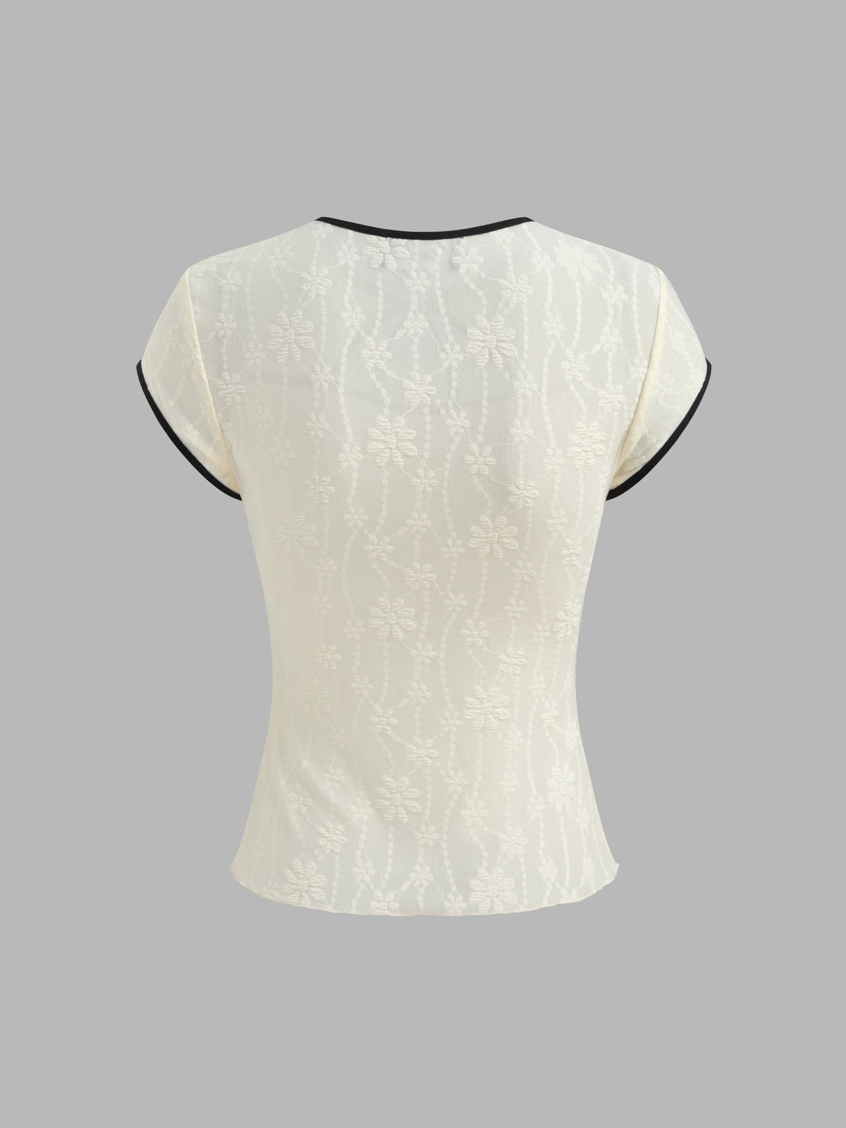 Round Neckline Floral Contrasting Binding Cut Out Knotted Short Sleeve Top