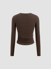 Wool-blend V-neck Solid Ruched Knitted Long Sleeve Top
