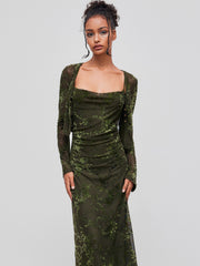 Jacquard Cowl Neck Floral Ruched Maxi Dress