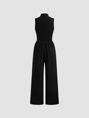 High Neck Solid Cut Out Patched Wide Leg Jumpsuit