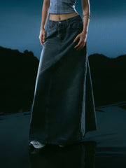 Denim Mid Waist Solid Pocket Maxi Skirt