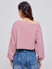 Cotton-blend Asymmetrical Neck Stripe Oversized Crop Sweatshirt