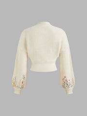 Knit High Neck Floral Embroidery Crop Top