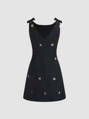 Boat Neck Floral Embroidery Bowknot Mini Dress
