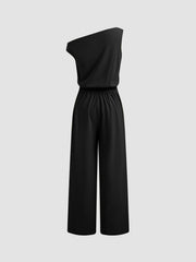 Asymmetrical Neck Solid Pocket Wide Leg Jumpsuit