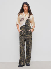 Denim Leopard Pocket Buckle Up Wide Leg Oversized Jumpsuit