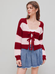 Knit V-neck Striped Tie Front Cardigan