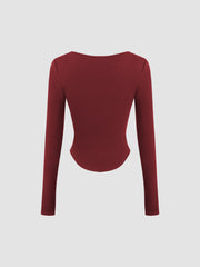Thermal Cotton-blend Square Neck Solid Thumb Hole Long Sleeve Tee