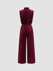 Velvet High Neck Ruched Zipper Wide Leg Jumpsuit