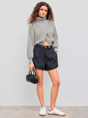 High Neck Solid Knitted Long Sleeve Crop Sweater