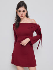 Asymmetrical Neck Ruched Knotted Mini Dress