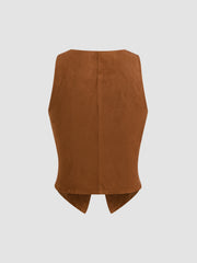 Suede V-Neck Lace Trim Waistcoat