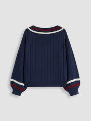 Cable Knit V-neck Contrasting Binding Long Sleeve Top