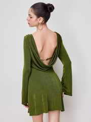 Boat Neck Solid Backless Mini Dress