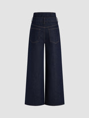 Double High Rise Solid Button Wide Leg Jeans