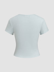 Round Neckline Solid Button Short Sleeve Top