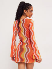 Mesh V-neck Abstract Wave Knotted Mini Dress
