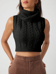 High Neck Solid Cable Knit Crop Vest