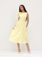 Linen-blend Boat Neck Bowknot Ruffle Midi Dress