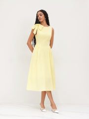 Linen-blend Boat Neck Bowknot Ruffle Midi Dress