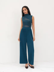 High Neck Solid Cut Out Patched Wide Leg Jumpsuit