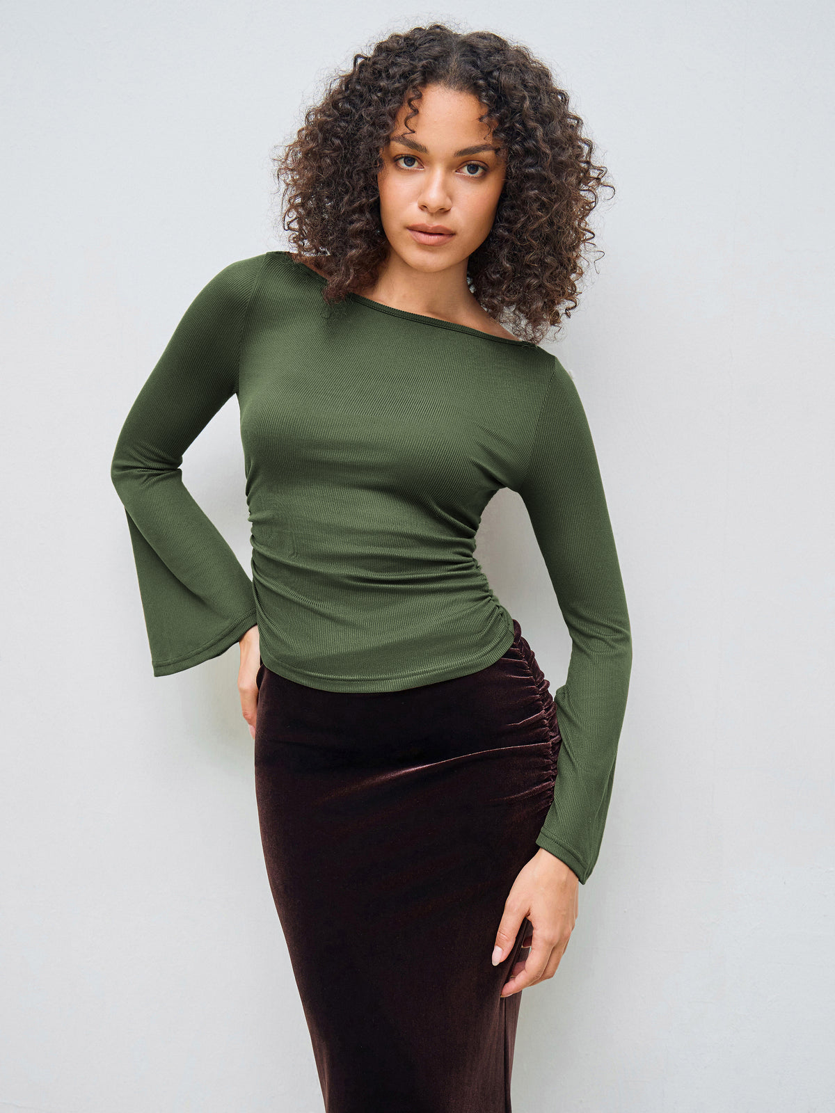 Boat Neck Solid Ruched Long Sleeve Tee