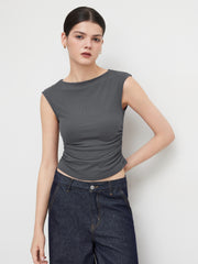 Boat Neck Solid Ruched Tank Top