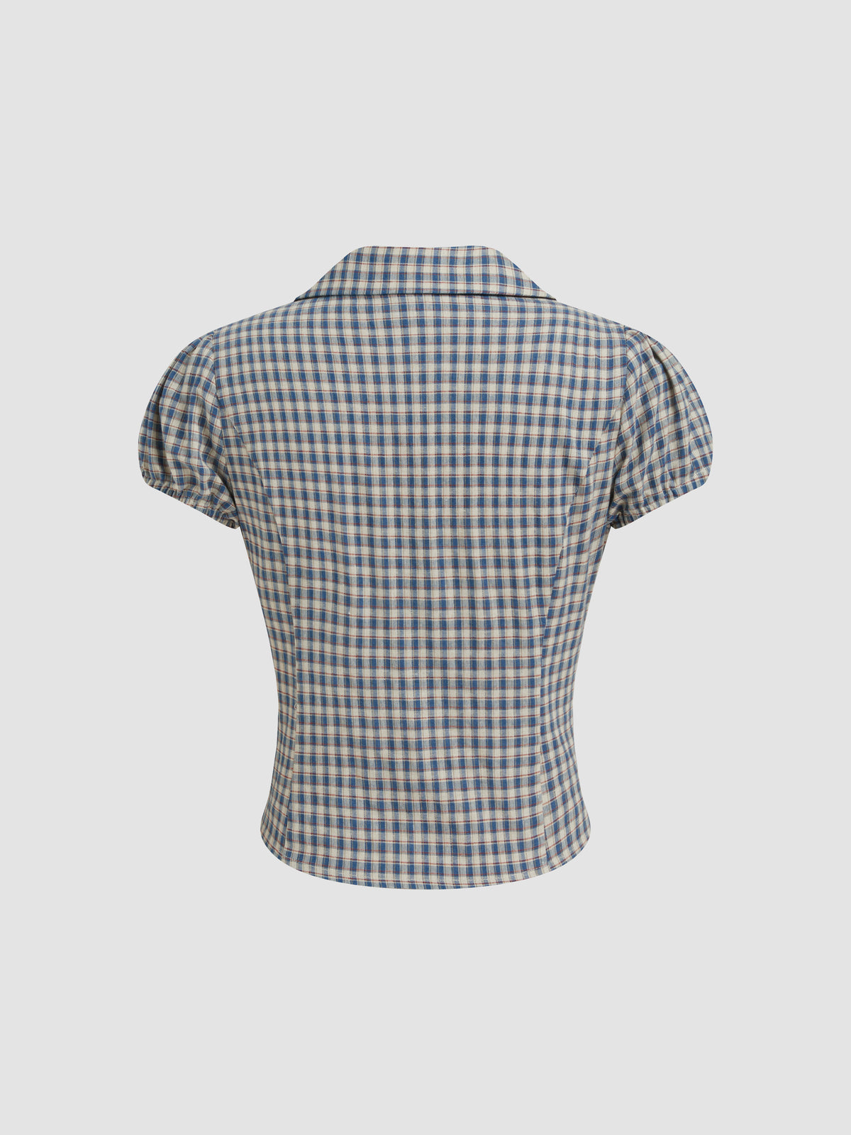 Cotton V-neck Check Button Short Sleeve Blouse