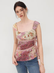 Mesh U-neckline Floral Asymmetrical Ruffle Trim Knotted Tank Top