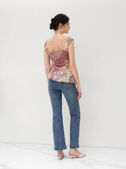 Mesh U-neckline Floral Asymmetrical Ruffle Trim Knotted Tank Top