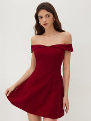 Velvet Off-shoulder Solid Zipper Mini Dress