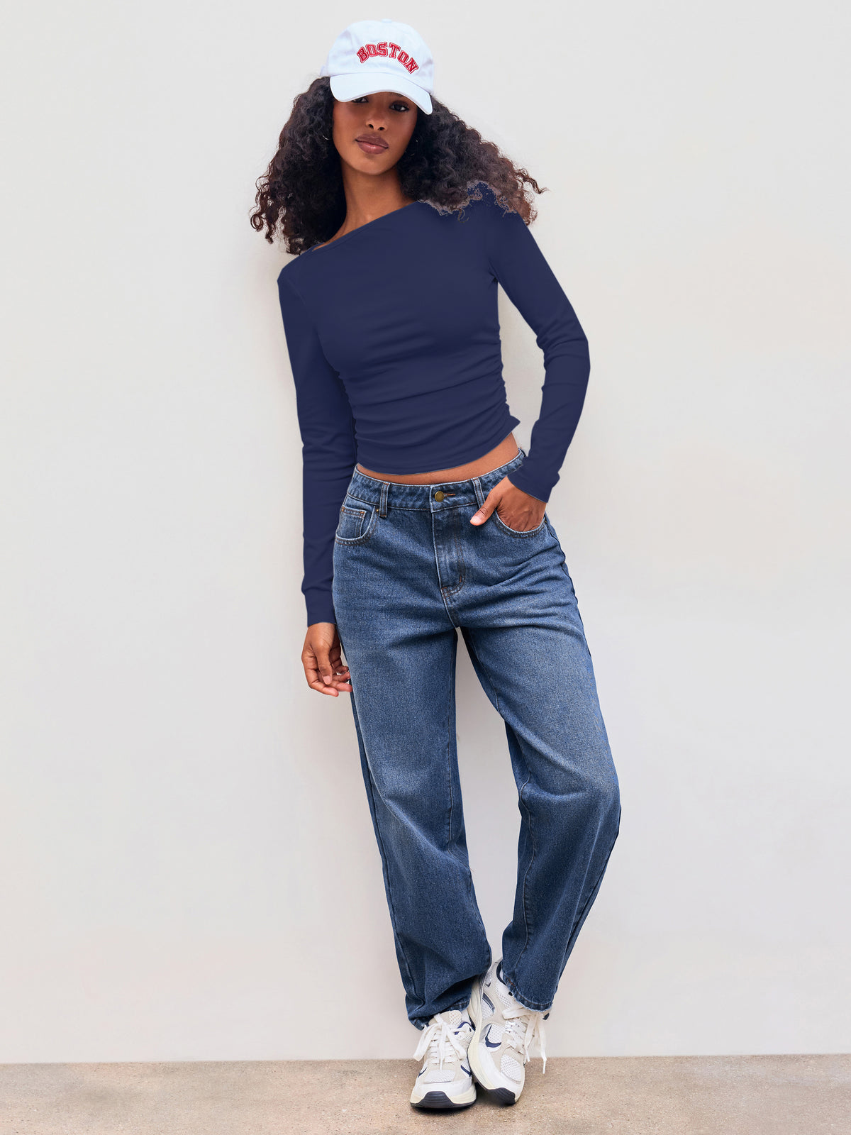 Cotton-blend Boat Neck Solid Ruched Long Sleeve Tee