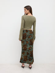 Boat Neck Long Sleeve Top & Mid Rise Floral Ruched Maxi Skirt Set